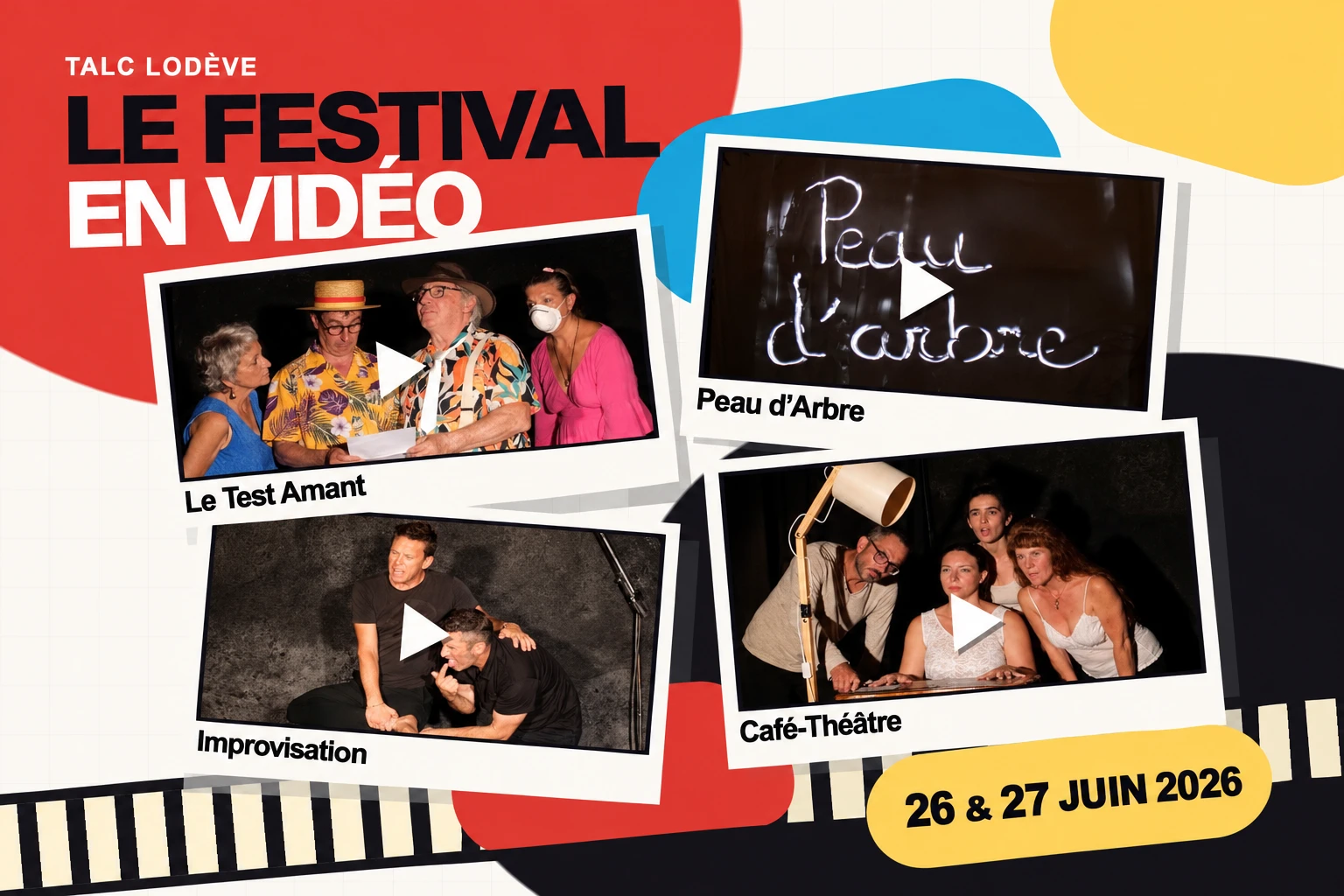 Collage des miniatures YouTube du Test Amant, de Peau d’Arbre, de l’Improvisation et du Café-Théâtre du festival TALC de juin 2026.