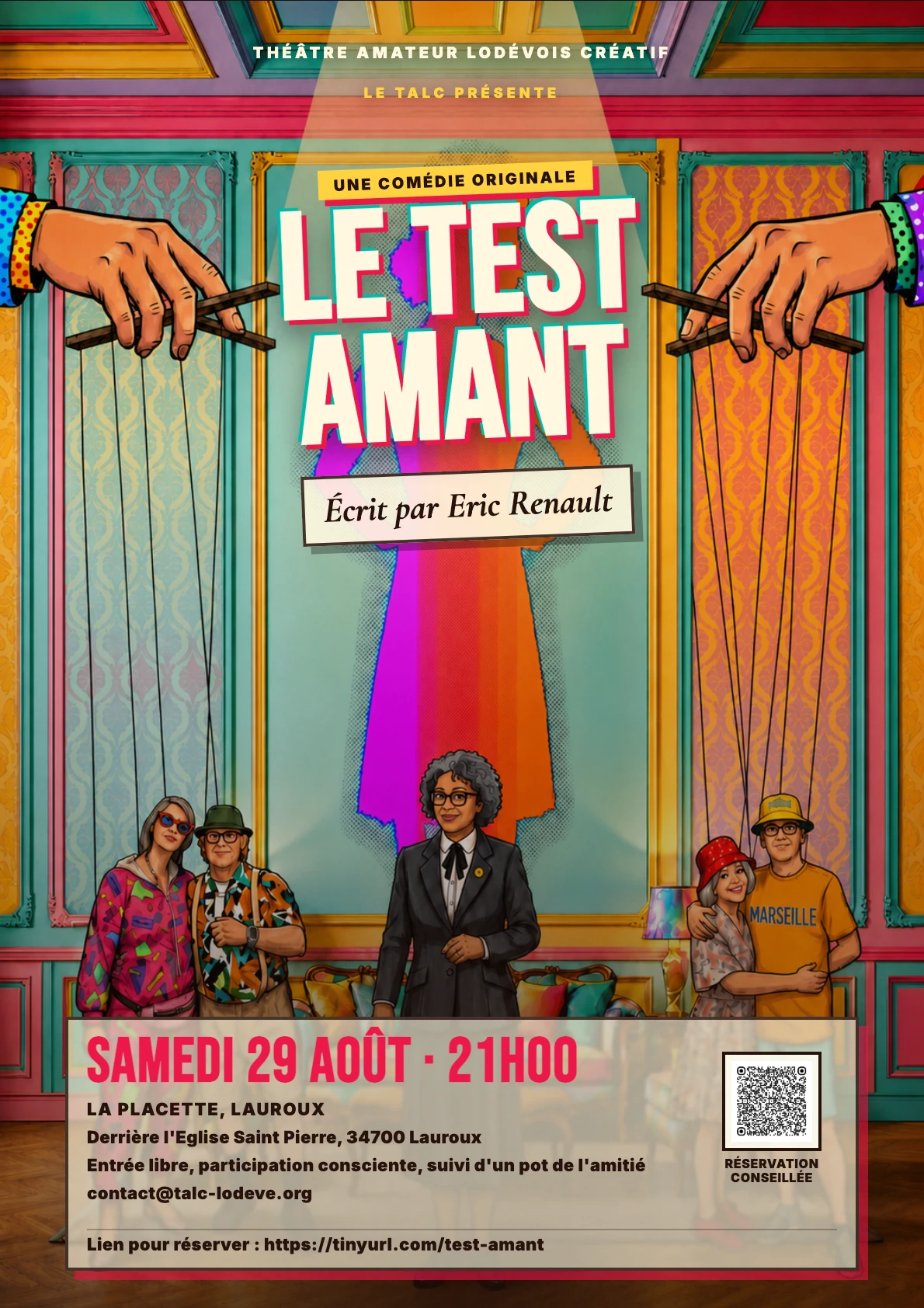 Affiche colorée de la comédie Le Test Amant à Lauroux le 29 août 2026